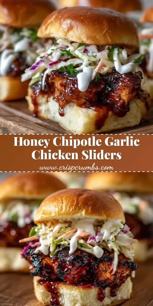 A stack of Honey Chipotle Chicken Sliders on a white plate with visible mahogany glaze and garlic sauce drizzle.