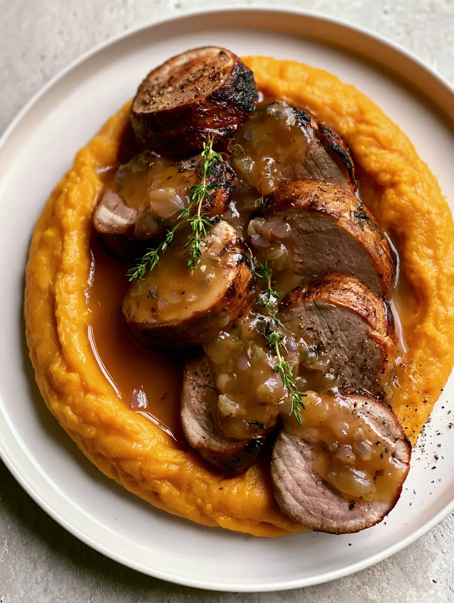 Close-up of Apple Cider Pork medallions with a dark golden-brown crust on a white plate.