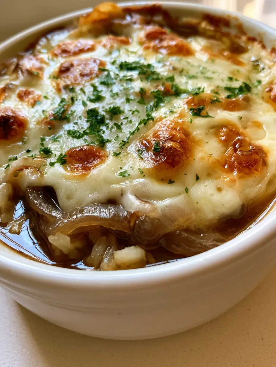 Close-up of caramelized onion slivers and dark brown rice in a white bowl for French Onion Soup Rice.