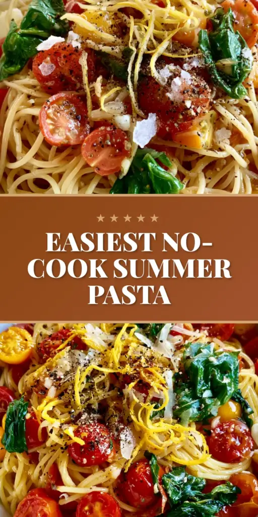 A vibrant Summer Garden Pasta in a white bowl featuring glossy spaghetti, red and yellow heirloom tomatoes, and melting mozzarella chunks.