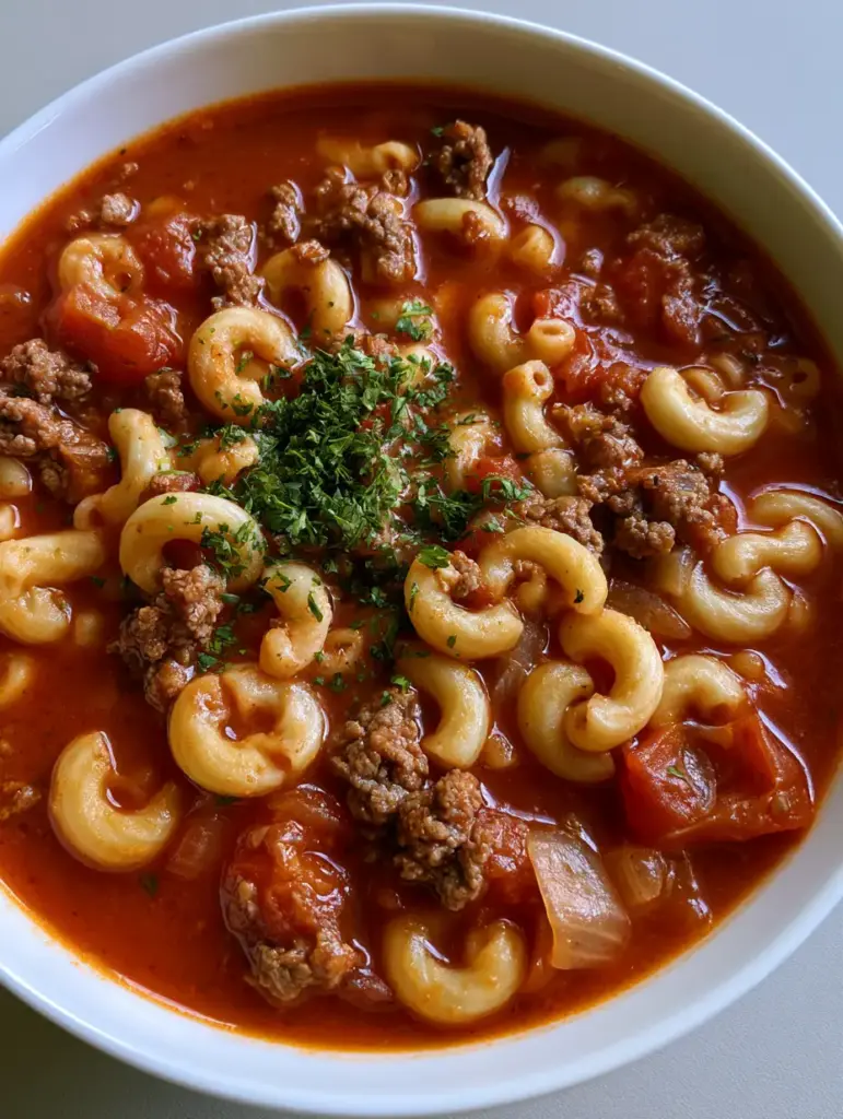 Beef and Macaroni Soup: The Ultimate Hearty One-Pot Comfort 2 Top-down view of Beef and Macaroni Soup in a white bowl showing browned ground beef and al dente macaroni. (Beef and Macaroni Soup)