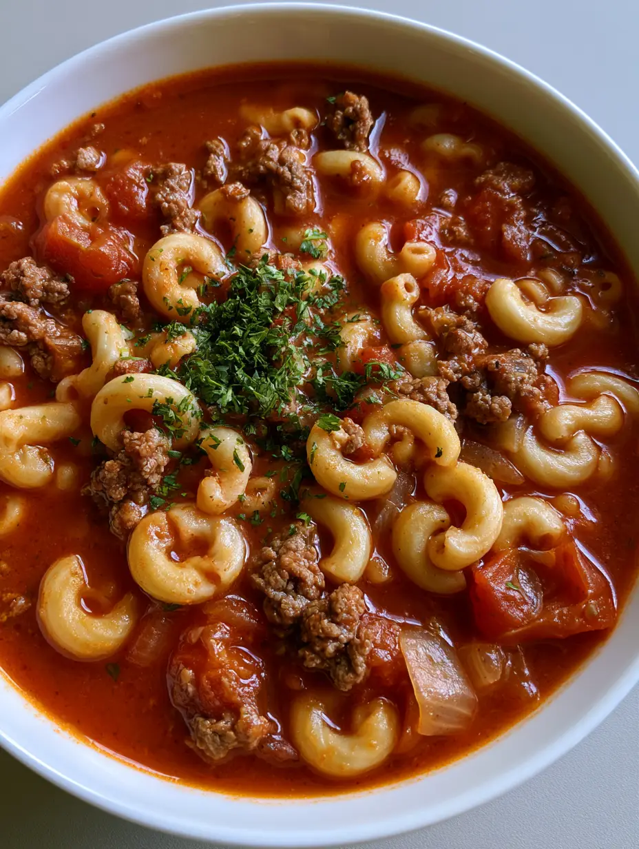 Beef and Macaroni Soup: The Ultimate Hearty One-Pot Comfort 4 Top-down view of Beef and Macaroni Soup in a white bowl showing browned ground beef and al dente macaroni. (Beef and Macaroni Soup)