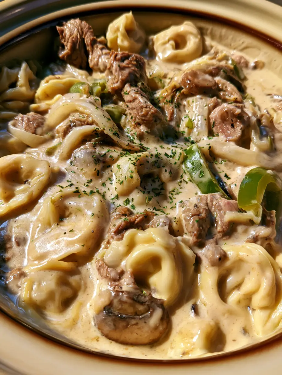Close-up of plump cheese tortellini and shaved beef in a thick beige sauce with parsley flakes. (Crock Pot Cheesesteak Tortellini)