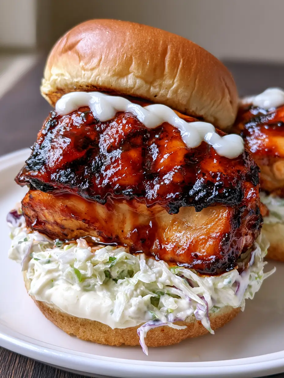 Close up of Honey Chipotle Chicken Sliders showing the glossy mahogany chicken and creamy slaw texture.