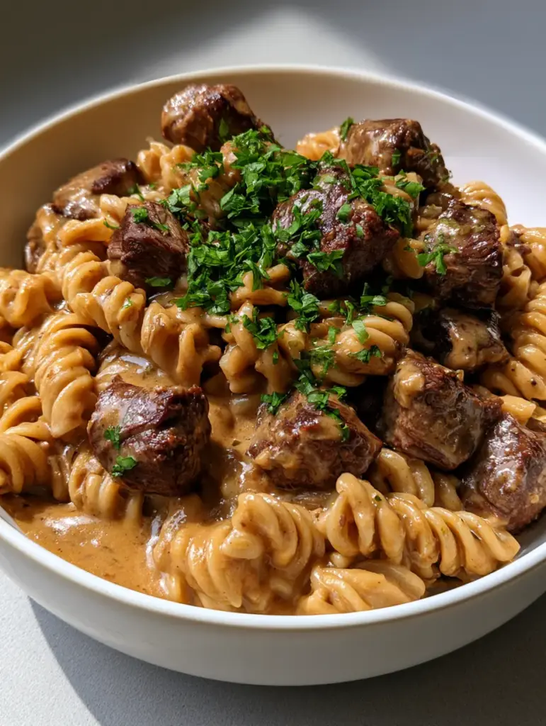Slow Cooker Garlic Beef Pasta with Creamy Sauce 1 Close up shot of glossy light-brown creamy garlic sauce on spiral rotini pasta with beef chunks and green parsley. (Slow Cooker Garlic Beef Pasta)
