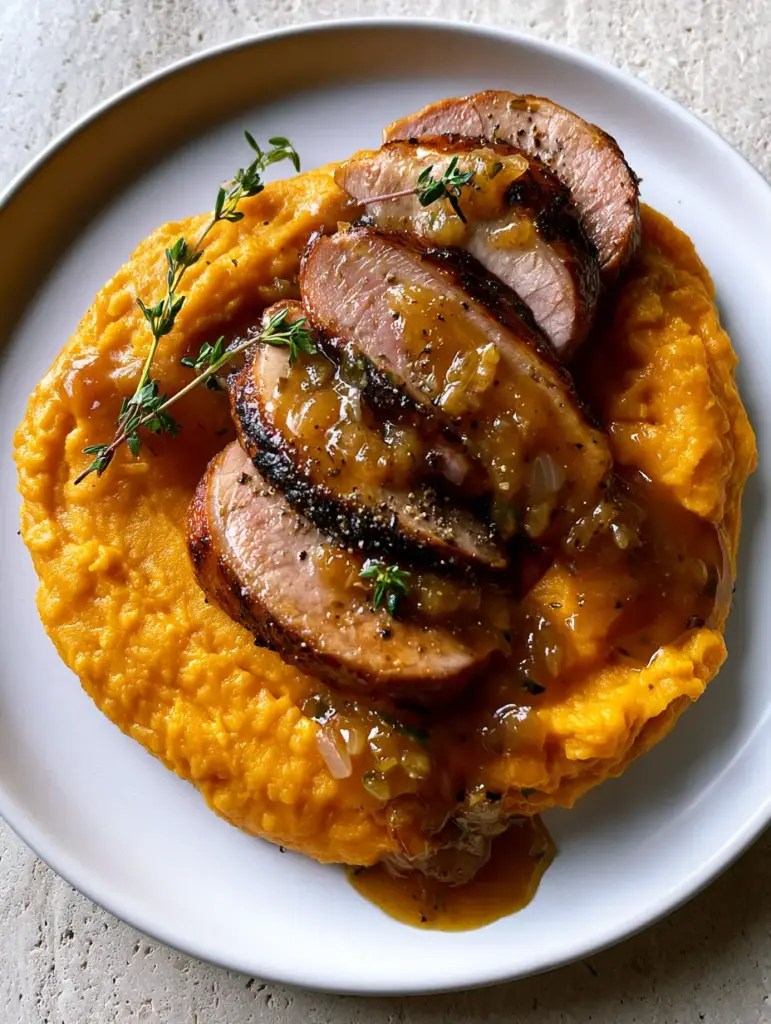 Apple Cider Pork drizzled with a thick translucent amber glaze over vibrant orange sweet potatoes.