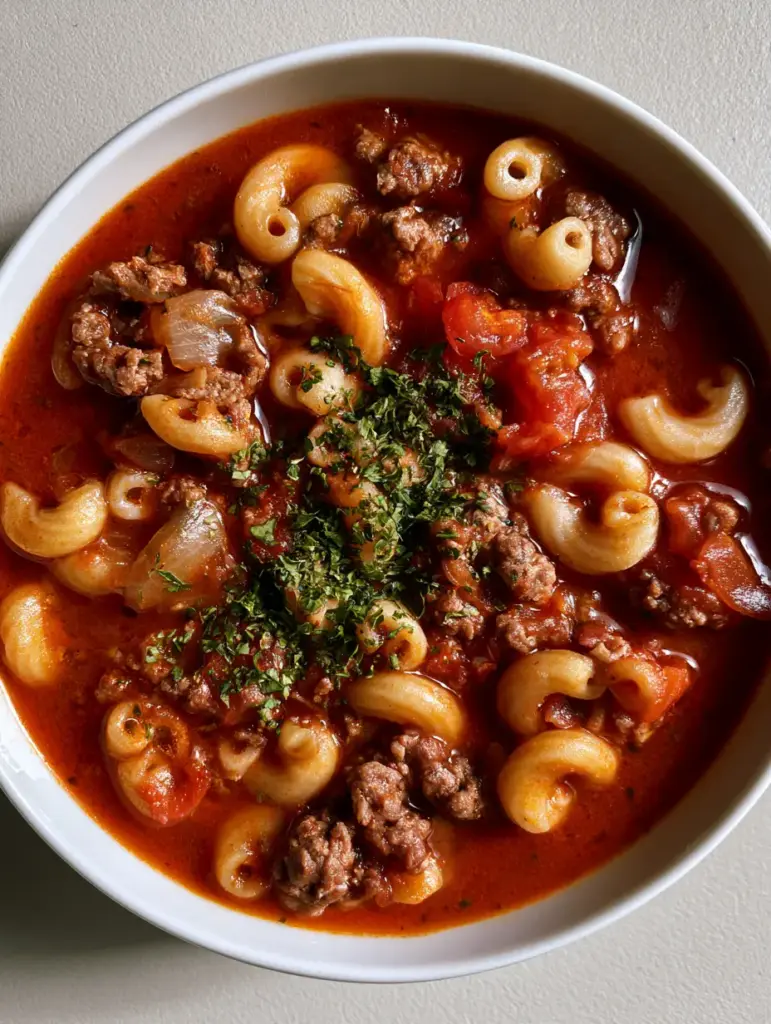 Beef and Macaroni Soup: The Ultimate Hearty One-Pot Comfort 1 Angled shot of Beef and Macaroni Soup with visible diced tomatoes and green parsley flakes.
