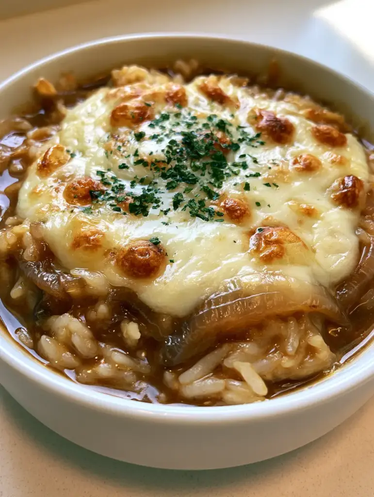 Melted gooey white cheese with golden toasted spots on top of French Onion Soup Rice.