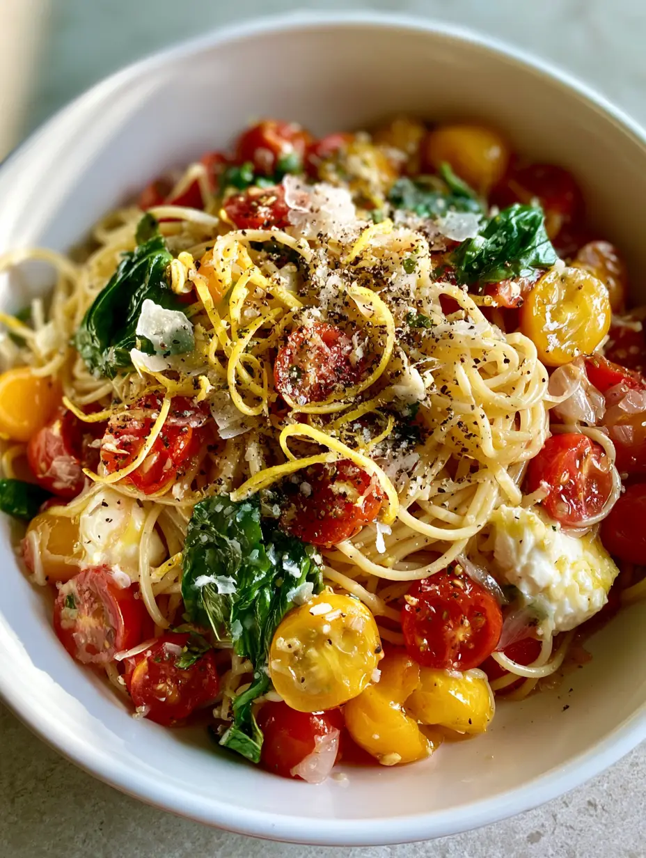 Top-down handheld photo of Summer Garden Pasta with clear tomato juices, emerald basil, and lemon curls.