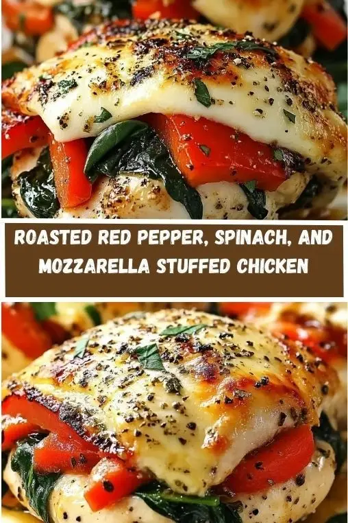 A close-up of a juicy Stuffed Chicken Breast showing melted mozzarella cheese, red peppers, and spinach on a white plate.