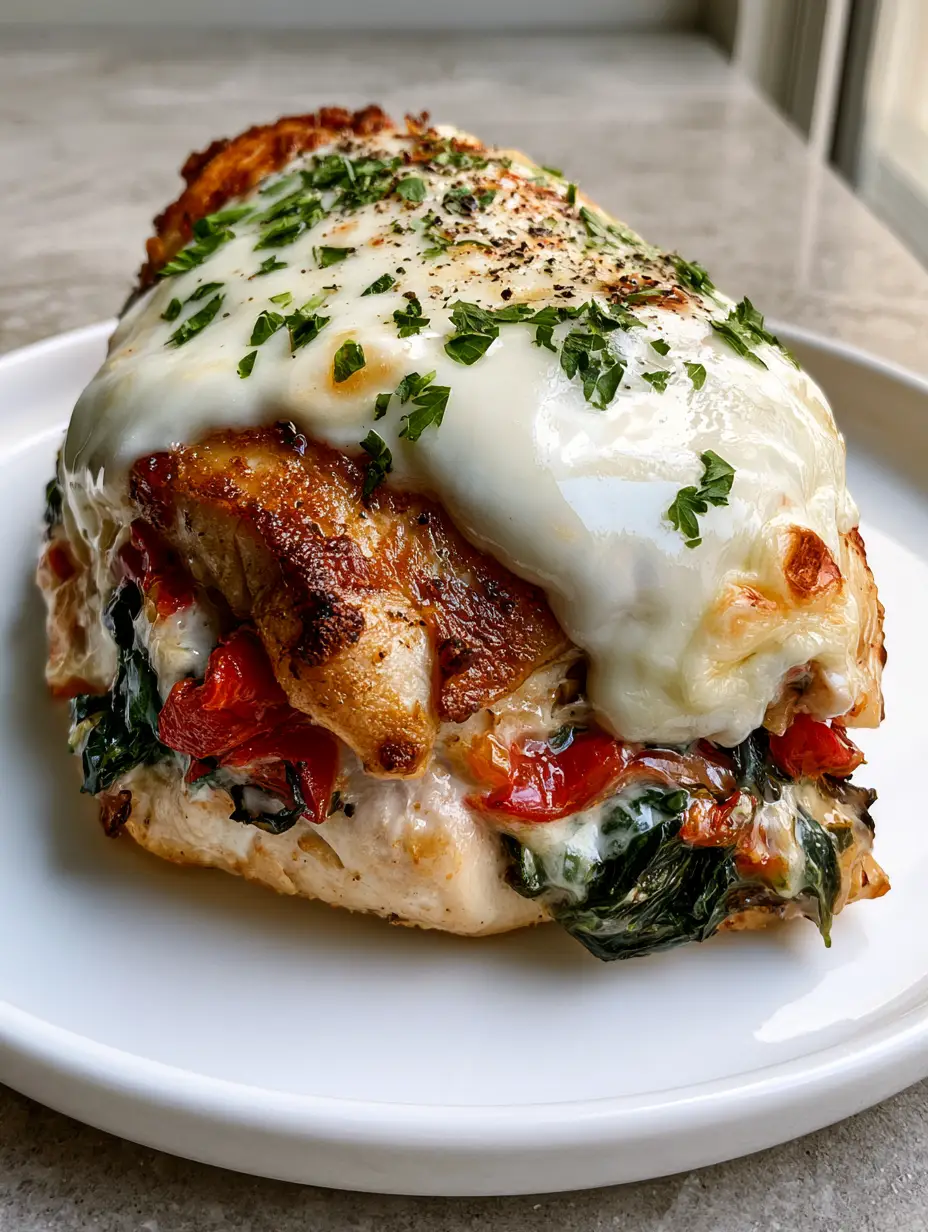 Close-up of crispy caramelized Stuffed Chicken Breast with toasted mozzarella and fresh parsley.