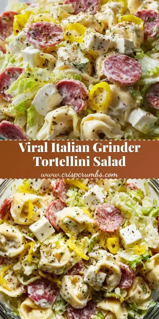 Italian Grinder Tortellini Salad: The Ultimate Creamy Pasta Mashup 3 A top-down Pinterest pin showing Italian Grinder Tortellini Salad in a white bowl with visible pepperoni, yellow banana peppers, and creamy herb dressing.