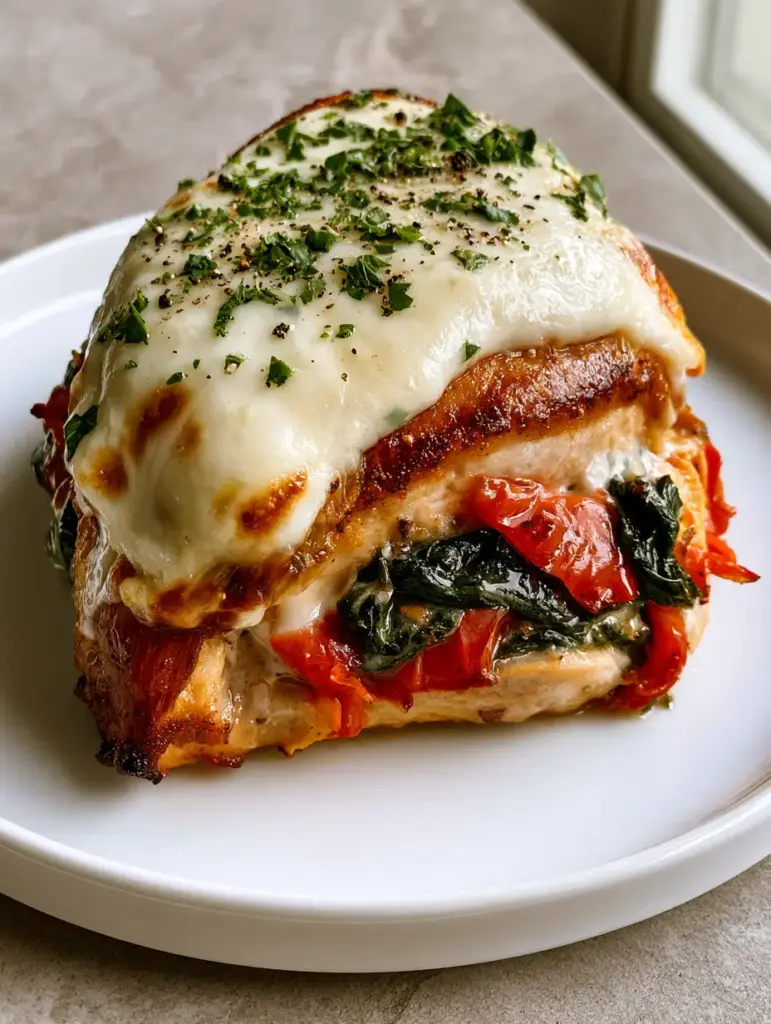 Handheld photo showing the moist interior of a Stuffed Chicken Breast with red peppers and wilted spinach.