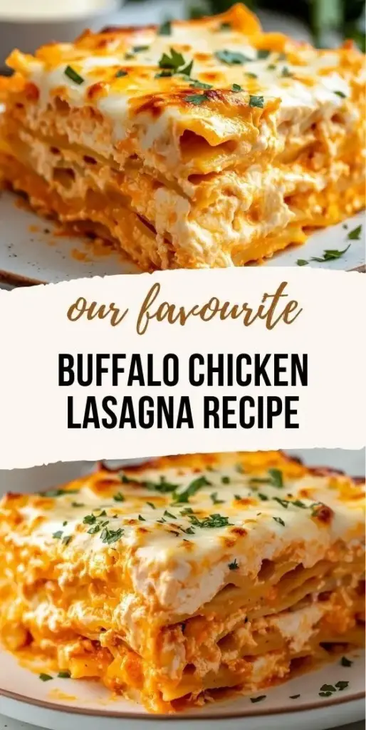 A handheld smartphone photo of a square slice of Buffalo Chicken Lasagna on a white plate, showing layers of wavy noodles, white ricotta, and orange buffalo chicken with charred mozzarella.