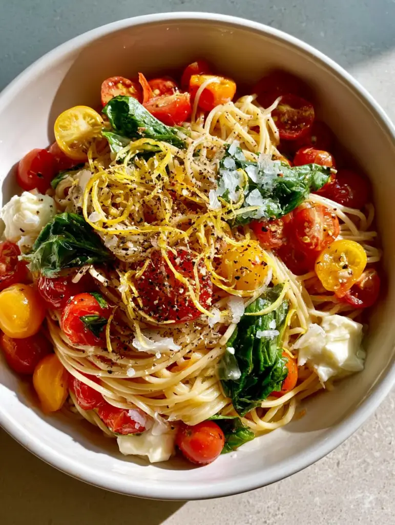Close up of al dente spaghetti tossed with yellow cherry tomatoes, garlic slivers, and flaky sea salt. (Summer Garden Pasta)