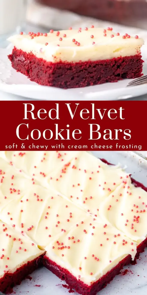 Red Velvet Cookie Bars with Thick Cream Cheese Frosting 3 A stack of Red Velvet Cookie Bars with thick white cream cheese frosting and red crumb garnish on a white plate.