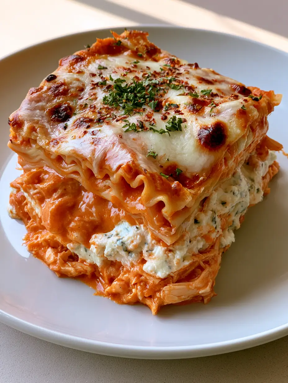 Close-up of Buffalo Chicken Lasagna highlighting the thick orange buffalo sauce and dense white ricotta layers with melted mozzarella on top.
