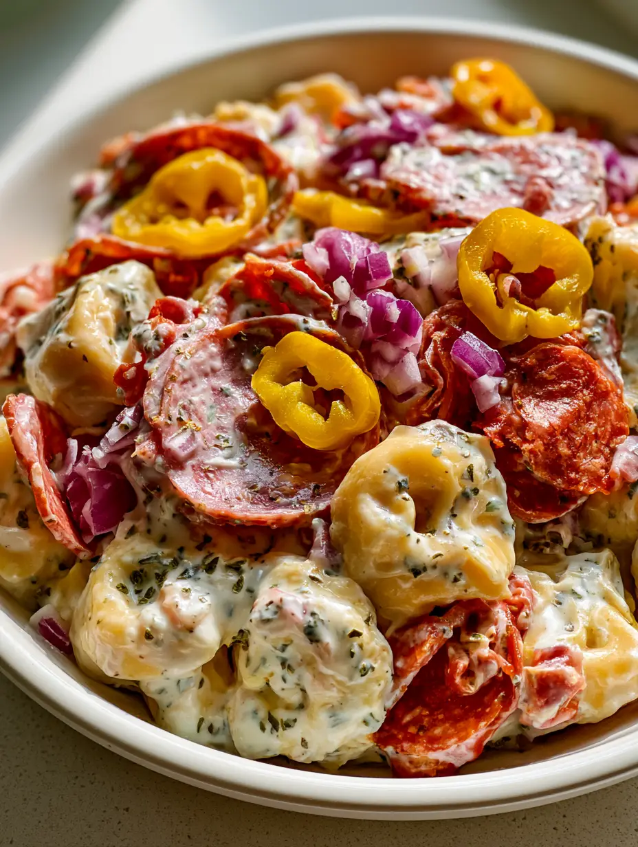 Italian Grinder Tortellini Salad: The Ultimate Creamy Pasta Mashup 4 A white ceramic bowl filled with Italian Grinder Tortellini Salad featuring plump cheese tortellini, reddish-pink salami, and bright yellow banana peppers.