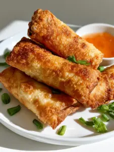 Close up photo of Crispy Homemade Egg Rolls with golden brown patches and a side of orange sweet and sour sauce.