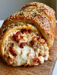 Close-up of a Chicken Bacon Ranch Stromboli crust with toasted sesame seeds and parsley flakes (Chicken Bacon Ranch Stromboli)