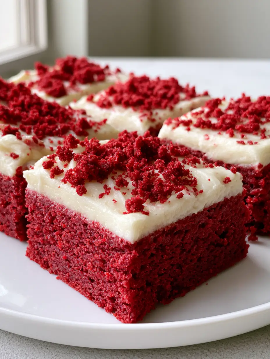 Red Velvet Cookie Bars with Thick Cream Cheese Frosting 4 Top down view of sliced Red Velvet Cookie Bars showing the vibrant red cocoa-infused base and smooth white frosting.