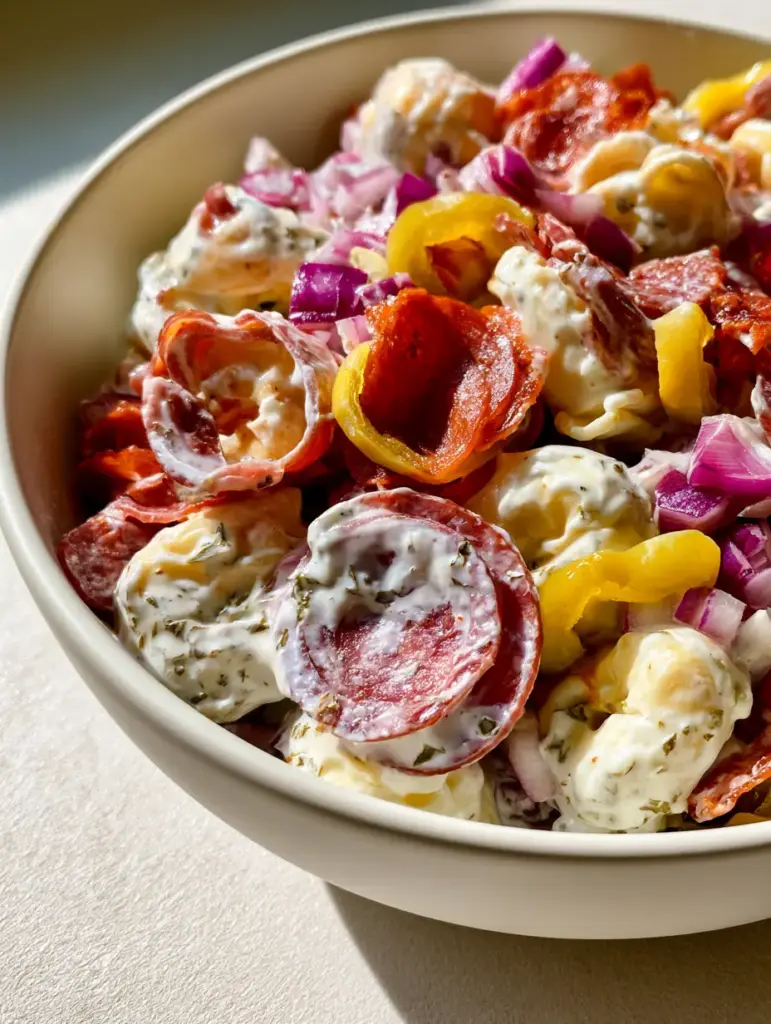 Italian Grinder Tortellini Salad: The Ultimate Creamy Pasta Mashup 1 Close up of Italian Grinder Tortellini Salad showing the glossy, moist texture and visible green herb flakes in the dressing.