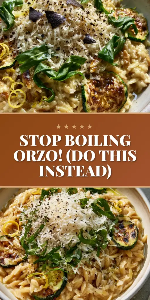 A top-down photo of a white ceramic bowl filled with toasted lemon orzo with zucchini, topped with a mountain of parmesan and basil chiffonade.