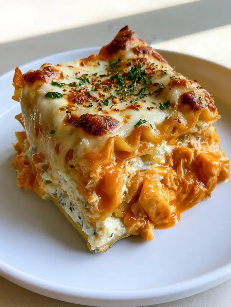 Detailed shot of the top of a Buffalo Chicken Lasagna slice featuring melted mozzarella with charred spots, parsley, and red pepper flakes.