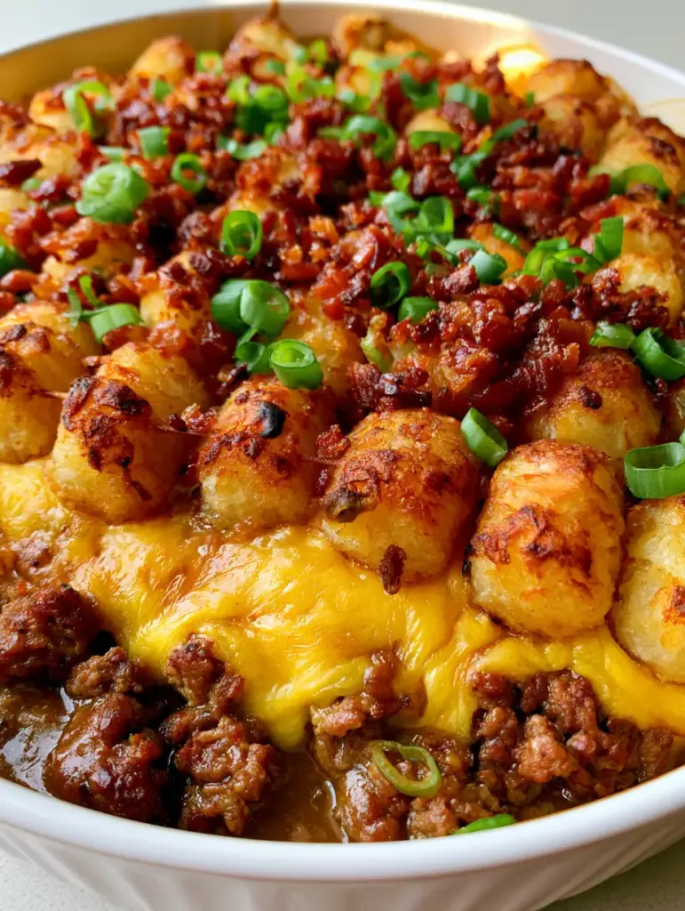 A side view of the Loaded Meatloaf Casserole in a white baking dish, showing the beef and gravy layer beneath the cheese and tots.