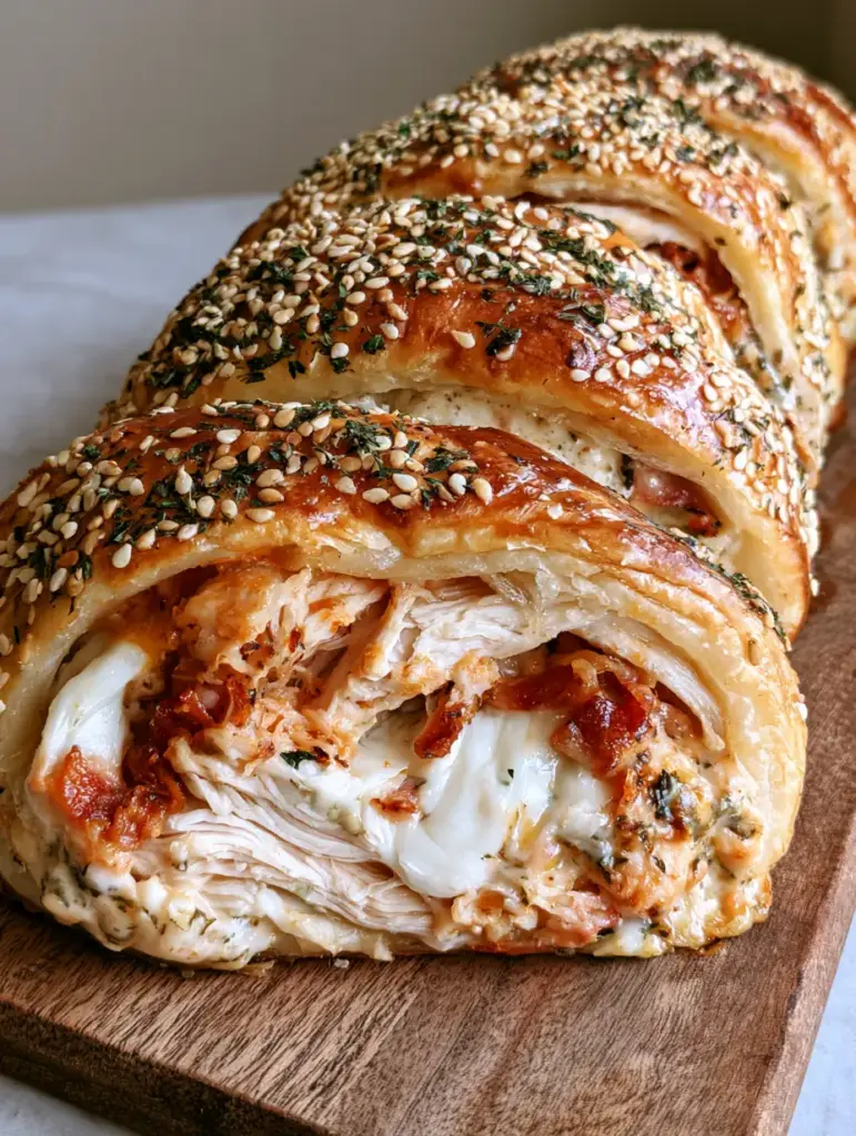 Slices of Chicken Bacon Ranch Stromboli revealing the dense filling of chicken, bacon, and melted white mozzarella.