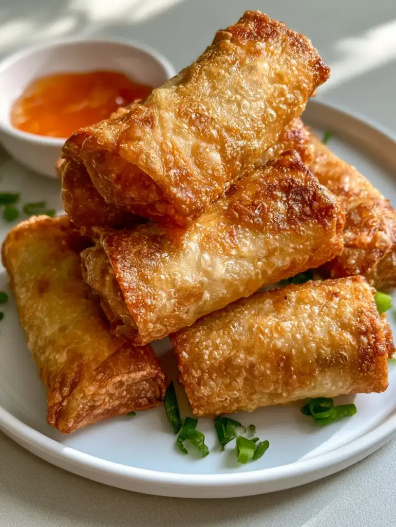 A stack of deep-fried egg rolls garnished with scallions on a clean white ceramic plate.