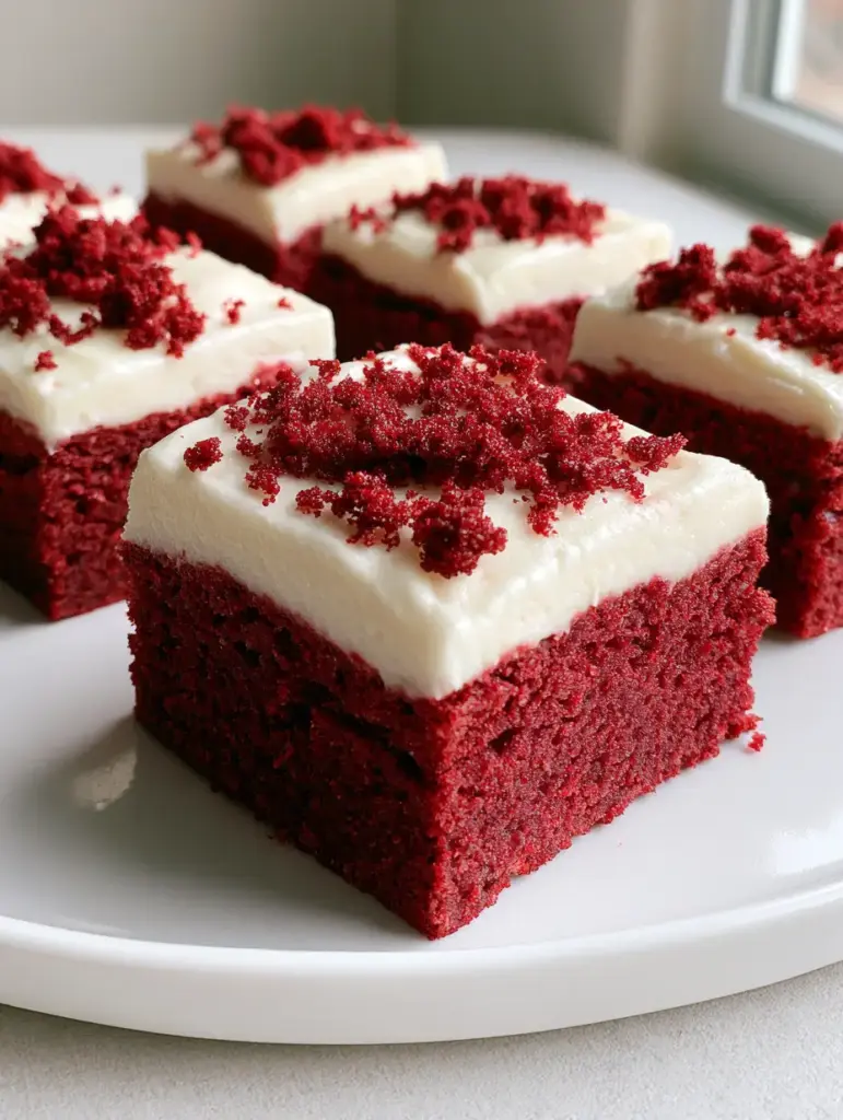 Red Velvet Cookie Bars with Thick Cream Cheese Frosting 1 Close up of a single Red Velvet Cookie Bar square highlighting the thick opaque frosting and natural lighting.