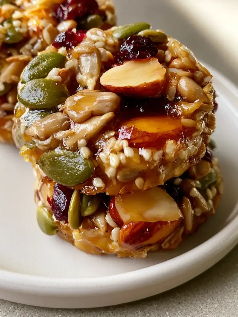 Healthy Seed Cookies: The Ultimate High-Protein Energy Snack 2 Top-down view of Healthy Seed Cookies featuring bright green pumpkin seeds and small dark red cranberry pieces.