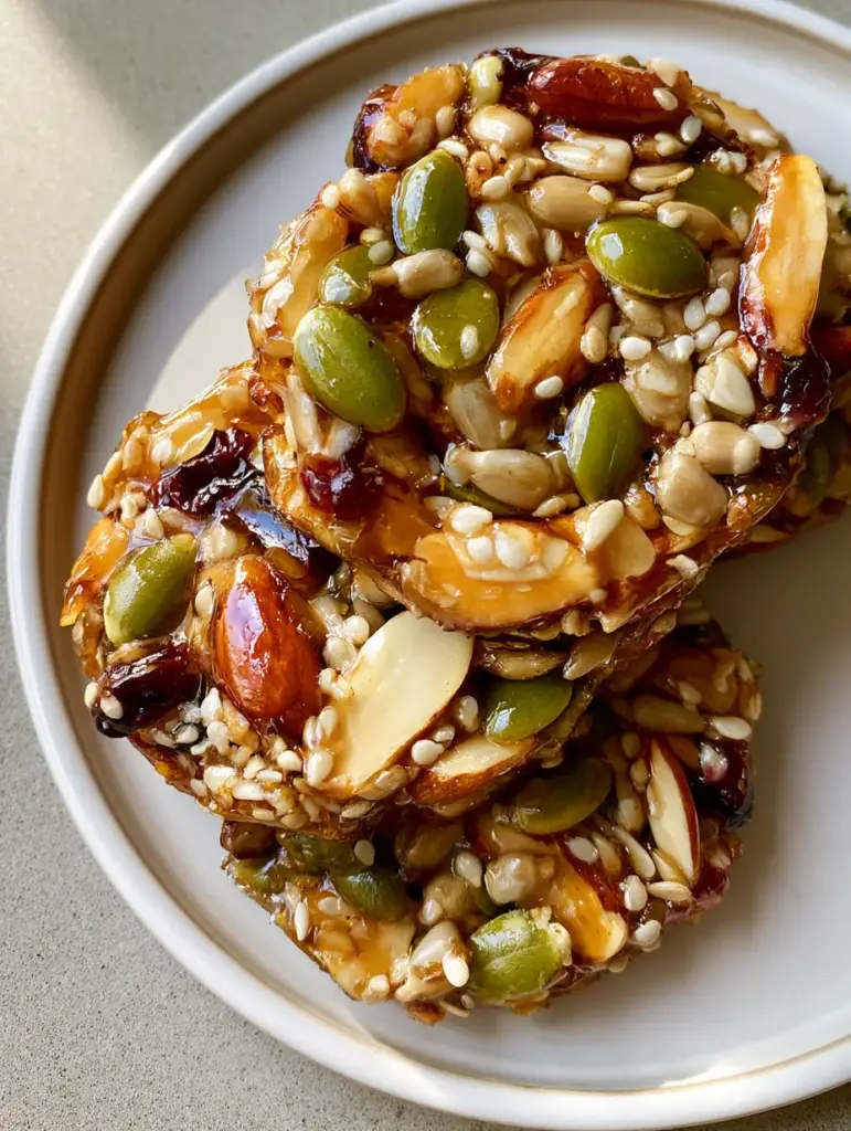 Healthy Seed Cookies: The Ultimate High-Protein Energy Snack 1 Close up of the sticky, glistening texture of Healthy Seed Cookies on a white ceramic dish.