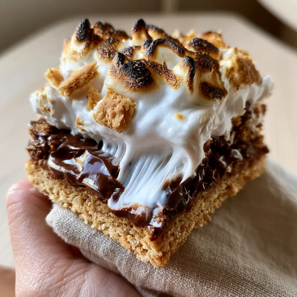 Handheld smartphone photo of a thick s'more bars being pulled apart to reveal melted chocolate and charred marshmallow peaks.