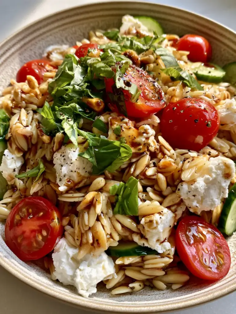 Overhead view of a vibrant balsamic orzo salad garnished with toasted pine nuts and fresh basil chiffonade.