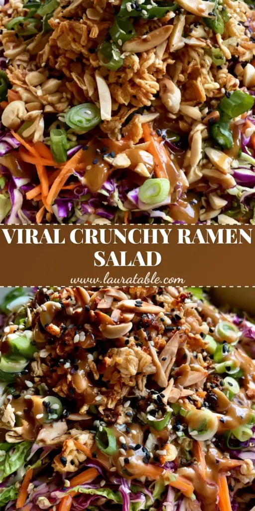 A vibrant Ramen Noodle Salad in a white bowl with shredded purple cabbage, carrots, and golden toasted noodles, drizzled with sesame dressing.