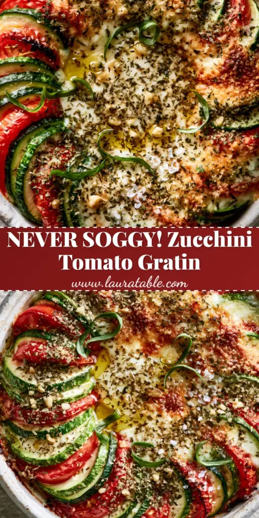 A close-up shot of a Zucchini and tomato gratin in a white ceramic dish, featuring a spiral of red tomatoes and green zucchini topped with melted cheese and basil.