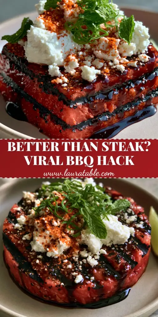 A close-up vertical shot of a Grilled Watermelon steak with deep black sear marks, topped with feta, balsamic glaze, and mint ribbons.