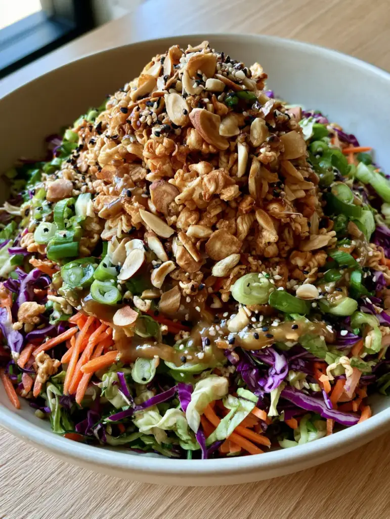 Close-up high-angle photo of Ramen Noodle Salad showing the texture of toasted ramen and almonds on a bed of napa cabbage.