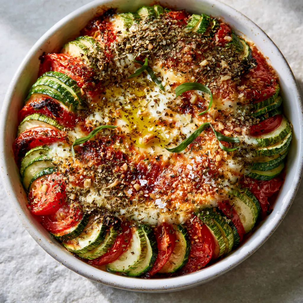 A rustic white ceramic dish filled with a Summer Vegetable Tian showing caramelized edges and bubbly mozzarella. (Zucchini and tomato gratin)