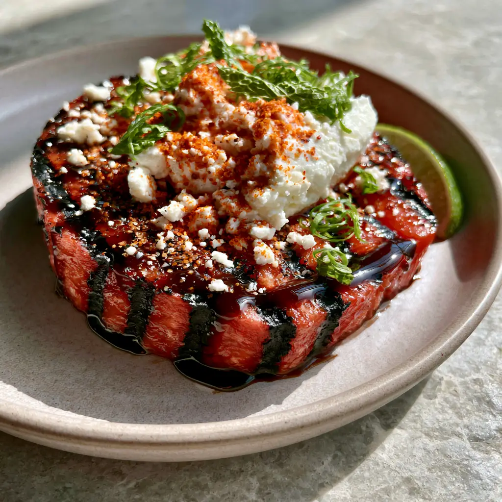 A thick 2-inch Grilled Watermelon steak seared with deep horizontal marks on a minimalist plate.
