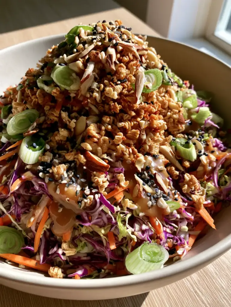 A handheld smartphone photo of vibrant Ramen Noodle Salad with glossy sesame ginger vinaigrette and fresh scallions.