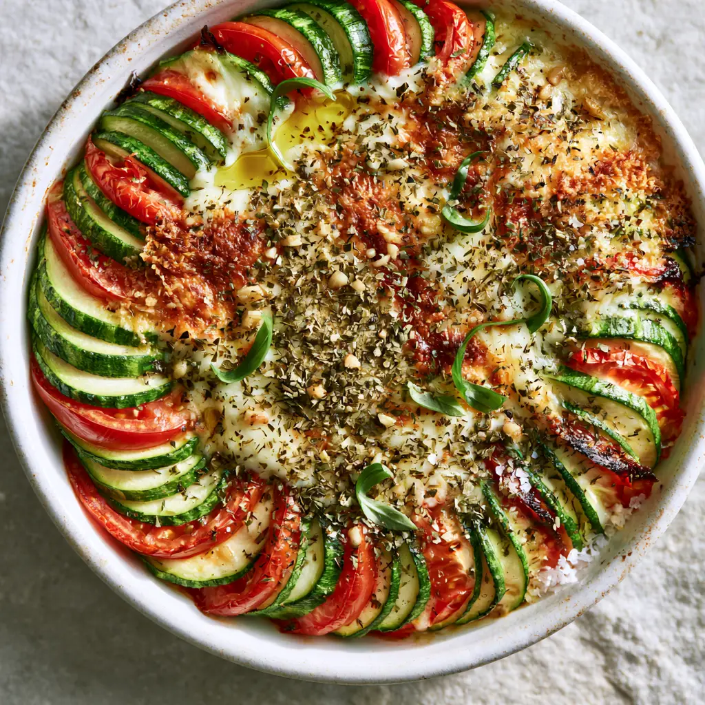 Extreme culinary detail of the toasted parmesan crust and fresh basil ribbons on top of a Zucchini and tomato gratin.