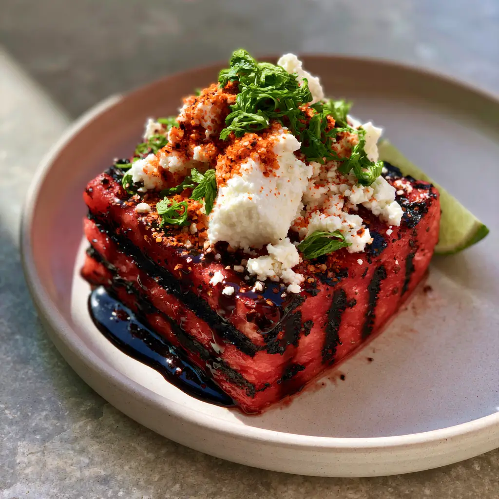 Grilled Watermelon drizzled with glossy balsamic glaze and topped with snowy white feta crumbles and bright orange Tajin.