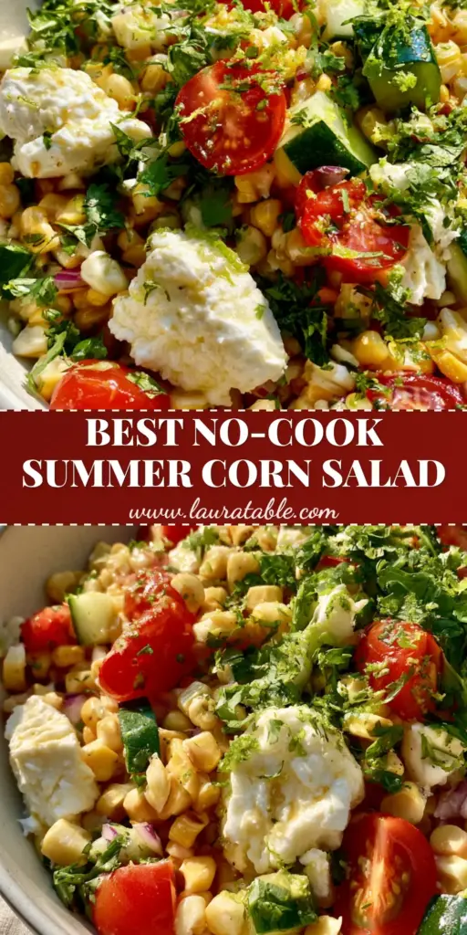 Summer Corn Salad with Feta and Zesty Lime Vinaigrette 3 A high-angle photo of a vibrant summer corn salad in a white bowl, showing raw corn, feta chunks, and lime zest garnish.