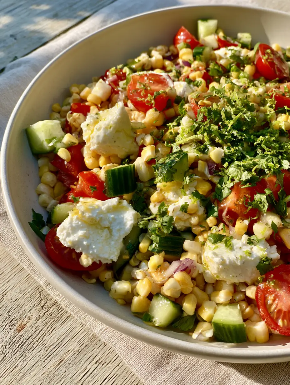 Summer Corn Salad with Feta and Zesty Lime Vinaigrette 4 Close up of raw sweet corn kernels and large feta crumbles in a summer corn salad.