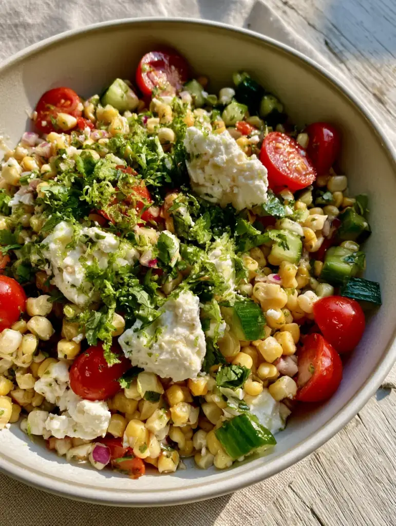 Summer Corn Salad with Feta and Zesty Lime Vinaigrette 1 Handheld photo showing a glistening lime vinaigrette glaze on a summer corn salad.