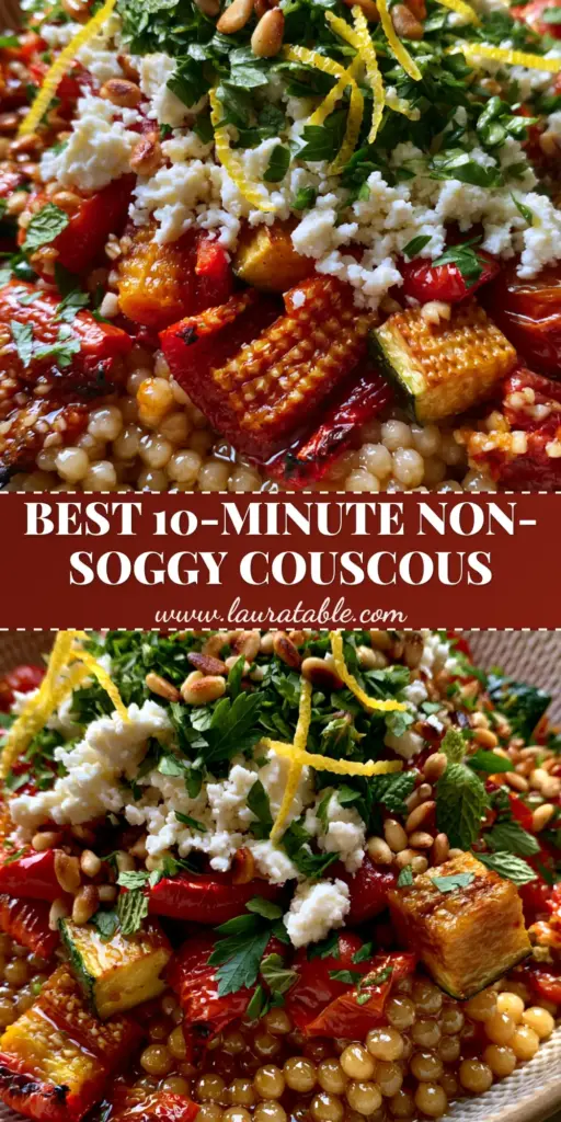 Couscous Salad with Roasted Mediterranean Vegetables and Feta 3 A handheld smartphone photo of a vibrant Mediterranean couscous salad with charred peppers and feta in a ceramic bowl.