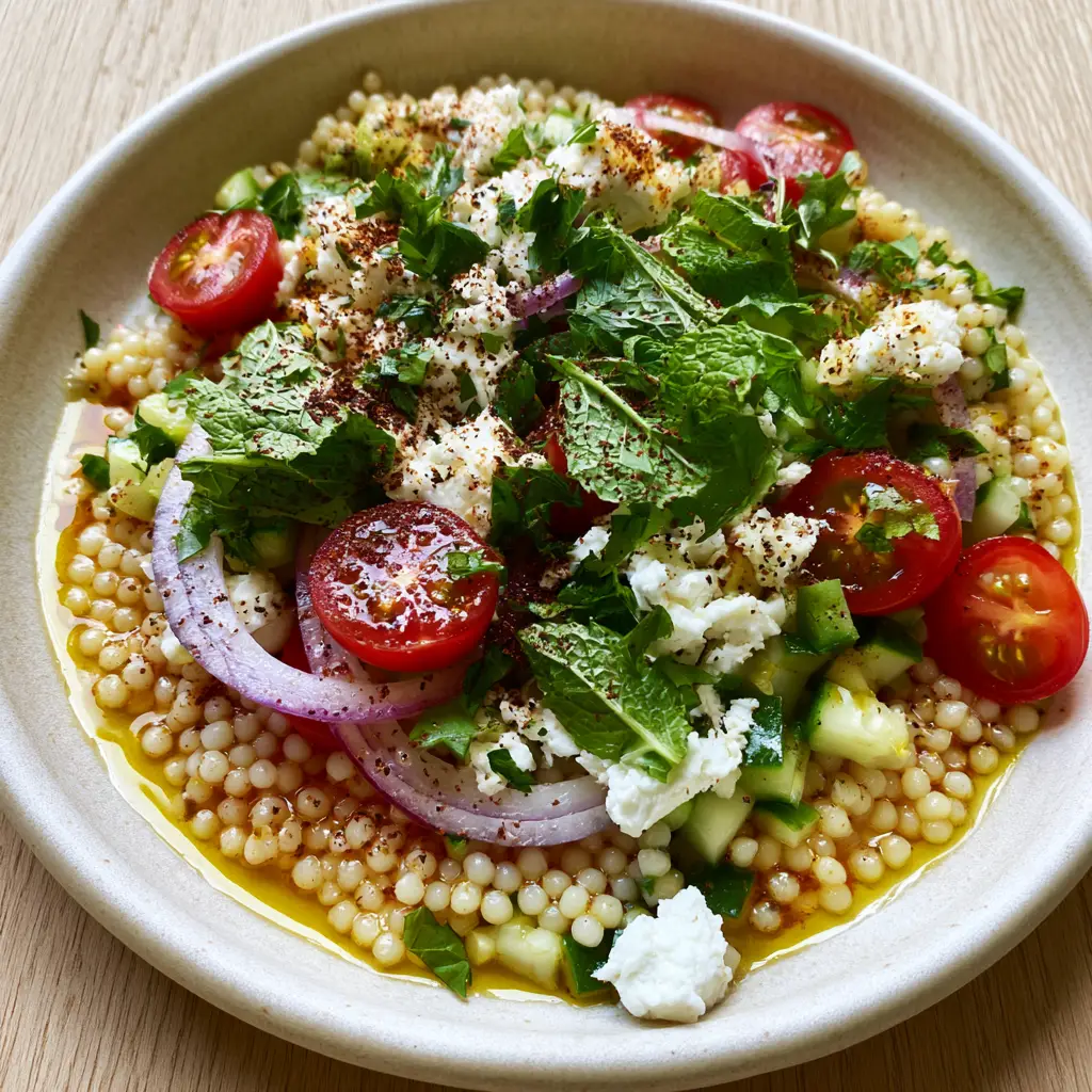 Close-up of plump Israeli pearl couscous grains mixed with diced cucumbers and tomatoes. (mediterranean couscous salad)